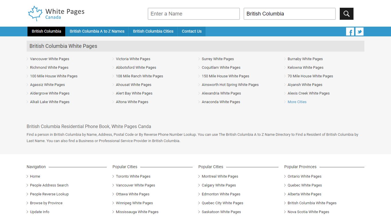 British Columbia Residential Phone Book, White Pages Canada